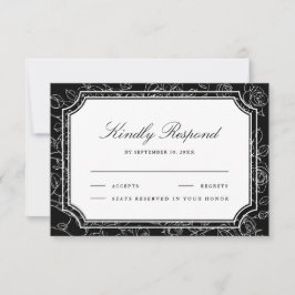 Victorian Black Floral Line Art Wedding RSVP Karte