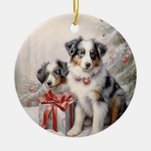 Victorian Blue Merle Aussie Welpen Weihnachten Keramik Ornament