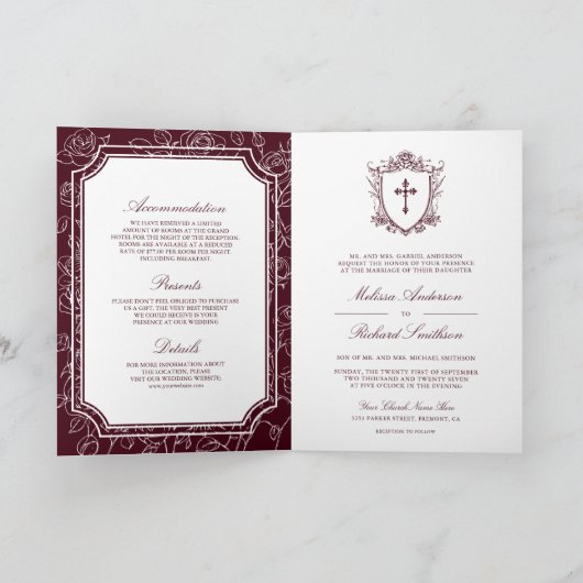 Victorian Burgundy Catholic QR Code Wedding Einladung (Innenseite)