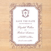 Victorian Burgundy Catholic Wedding Save the Date Acryleinladungen (Vorderseite)
