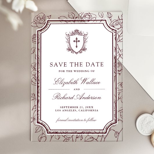 Victorian Burgundy Catholic Wedding Save the Date Acryleinladungen