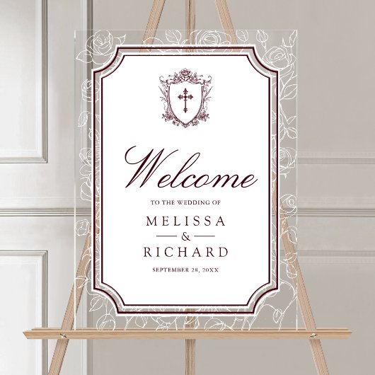 Victorian Burgundy Catholic Wedding Welcome Acrylschild