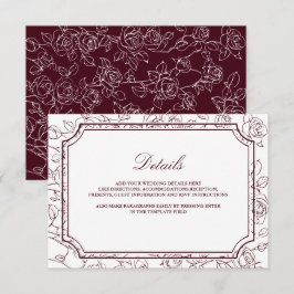 Victorian Burgundy Floral Line Art Wedding Details Begleitkarte