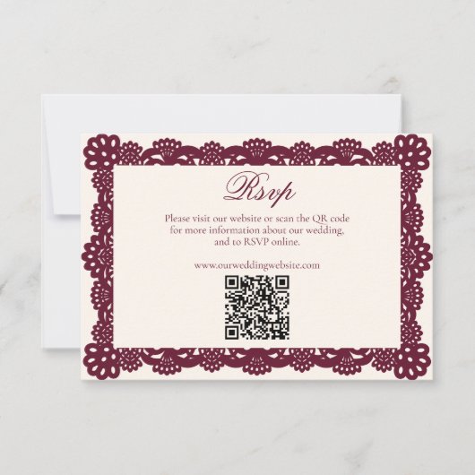 Victorian Burgundy Ivory Lace Wedding Website QR RSVP Karte (Vorderseite)