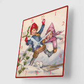 Victorian Christmas Kids in Snow Clock Quadratische Wanduhr (Winkel)
