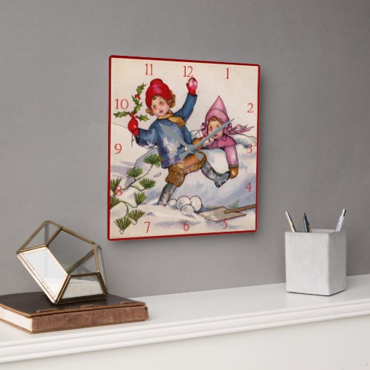 Victorian Christmas Kids in Snow Clock Quadratische Wanduhr (Büro)