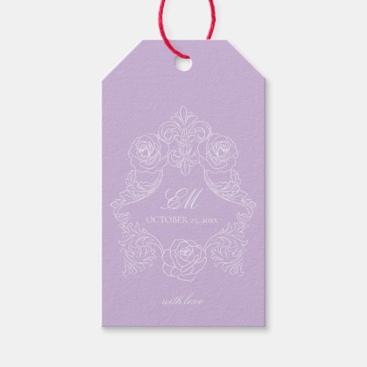 Victorian Crest Monogram Purple Wedding Geschenkanhänger (Vorderseite)
