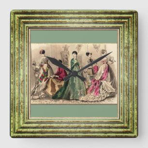Victorian Dress With Pink Bow Quadratische Wanduhr