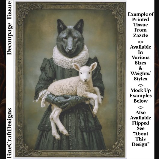 Victorian Dressed Wolf Holding Lamb ES7R Decoupage Seidenpapier