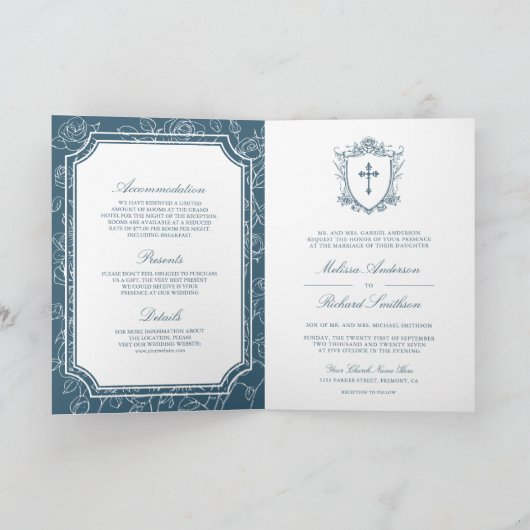 Victorian Dusty Blue Catholic QR Code Wedding Einladung (Innenseite)
