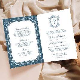 Victorian Dusty Blue Catholic QR Code Wedding Einladung