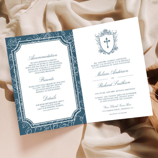 Victorian Dusty Blue Catholic QR Code Wedding Einladung