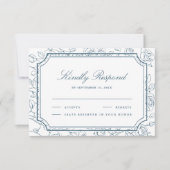 Victorian Dusty Blue Floral Line Art Wedding RSVP Karte (Vorderseite)