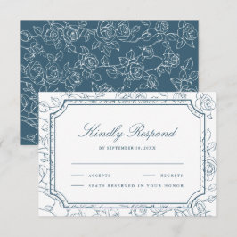Victorian Dusty Blue Floral Line Art Wedding RSVP Karte