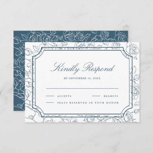 Victorian Dusty Blue Floral Line Art Wedding RSVP Karte (Vorne/Hinten)