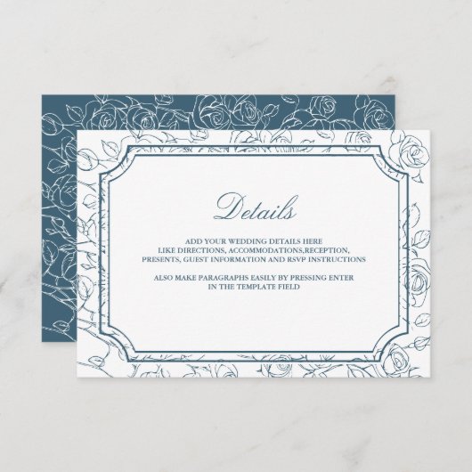 Victorian Dusty Blue Line Art Wedding Details Begleitkarte (Vorne/Hinten)
