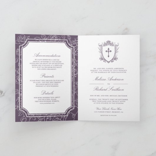 Victorian Dusty Purple Catholic QR Code Wedding Einladung (Innenseite)