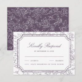 Victorian Dusty Purple Floral Line Art Wedding RSVP Karte