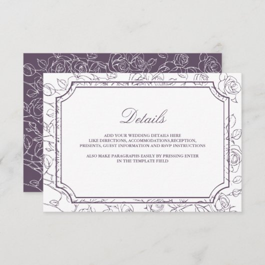 Victorian Dusty Purple Line Art Wedding Details Begleitkarte (Vorne/Hinten)