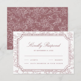 Victorian Dusty Rose Floral Line Art Wedding RSVP Karte