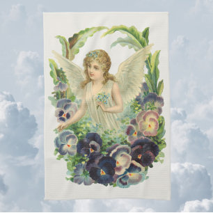 Victorian Easter Angel with Purple Pansy Flowers Geschirrtuch