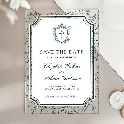 Victorian Emerald Catholic Wedding Save the Date Acryleinladungen