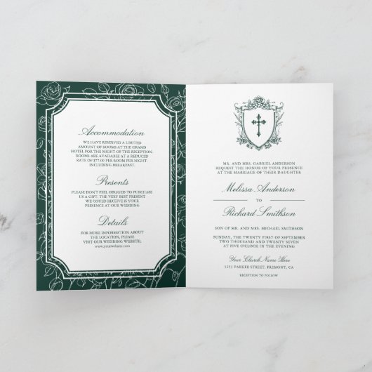 Victorian Emerald Green Catholic QR Code Wedding Einladung (Innenseite)