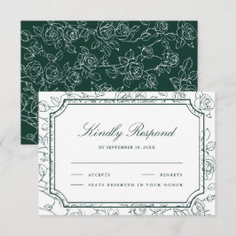 Victorian Emerald Green Floral Line Art Wedding RSVP Karte