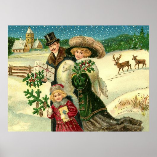 Victorian family in the snow Christmas scene Poster (Vorne)