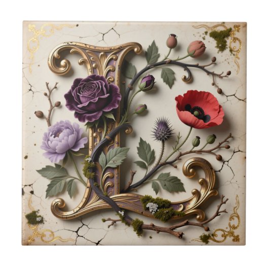 Victorian Floral Gold Letter L Monogram Fliese (Vorderseite)