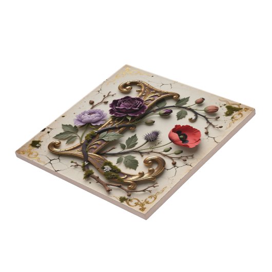 Victorian Floral Gold Letter L Monogram Fliese (Seite)