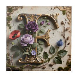 Victorian Floral Patina Letter F Monogram Fliese