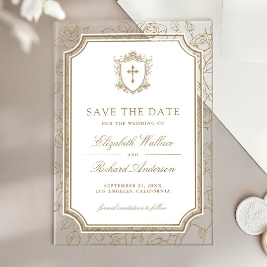 Victorian Gold Catholic Wedding Save the Date Acryleinladungen