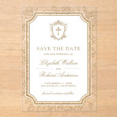 Victorian Gold Catholic Wedding Save the Date Acryleinladungen (Vorderseite)