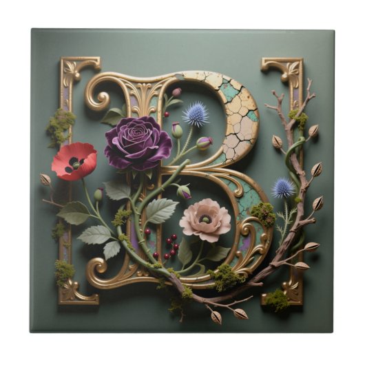 Victorian Gold Teal Letter B Monogram Fliese (Vorderseite)