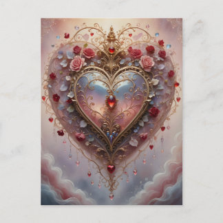 Victorian golden heart, roses and flowers, vintage feiertagspostkarte