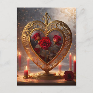 Victorian golden heart with red roses, vintage feiertagspostkarte
