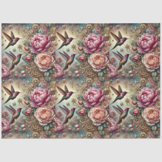 Victorian Hummingbird & Pastel Rose Decoupage Seidenpapier (Vorderseite)