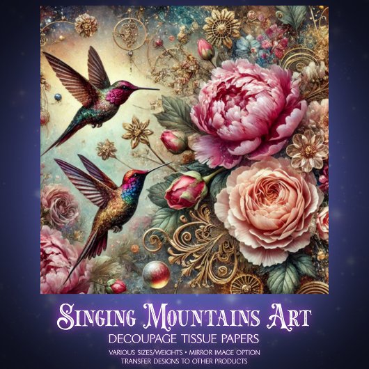 Victorian Hummingbird & Pastel Rose Decoupage Seidenpapier