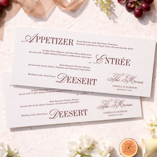 Victorian Ivory and Burgundy Wedding Menu Card Einladung