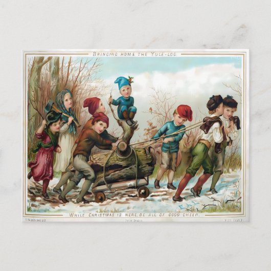 Victorian Kids Bringing Home the Yule Log Postkarte (Vorderseite)