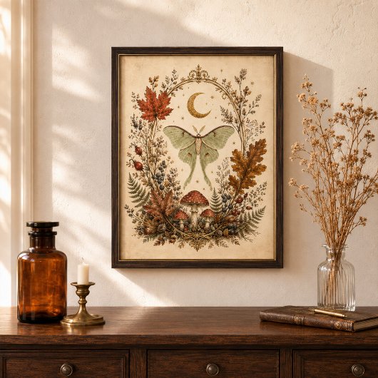 Victorian Luna Moth Botanical Witchy Wall Art Poster