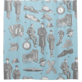 victorian men's style antique menswear toile blue duschvorhang