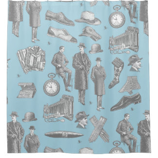 victorian men's style antique menswear toile blue duschvorhang