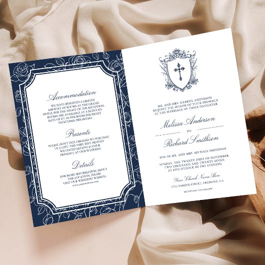 Victorian Navy Blue Catholic QR Code Wedding Einladung