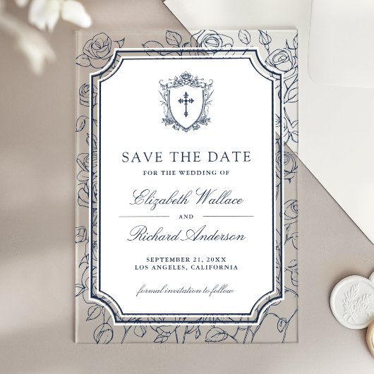 Victorian Navy Blue Catholic Wedding Save the Date Acryleinladungen