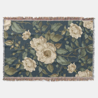 Victorian Navy & Cream Floral Botanical Blanket Decke