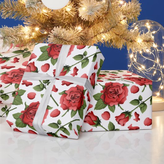 Victorian Red Roses Foliage Botanical Pattern Geschenkpapier (Feiertage)