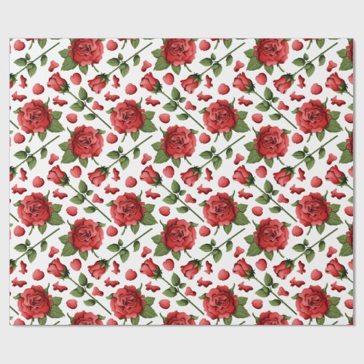 Victorian Red Roses Foliage Botanical Pattern Geschenkpapier (Flach)