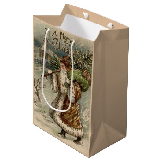 Victorian Santa Claus With Christmas Tree Mittlere Geschenktüte (Vorderseite Schrägansicht)
